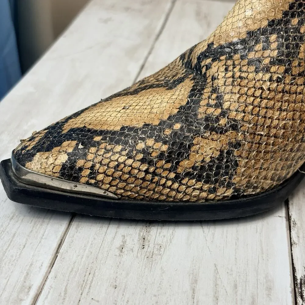 Flattered Snakeskin Boots Tan Black Python Western Ankle Booties EU 38 US 7.5